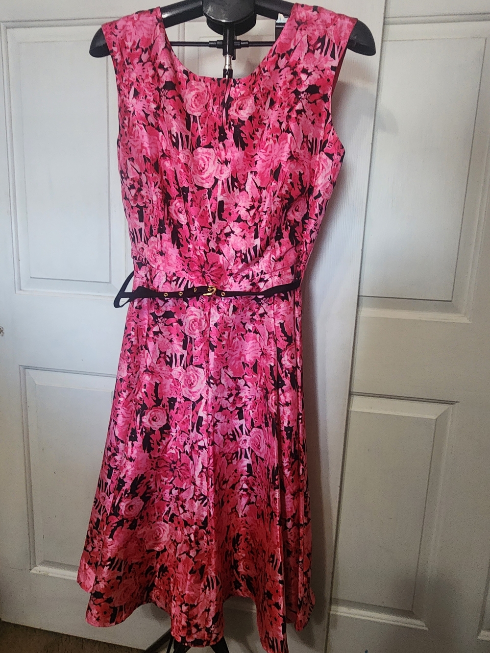 Julian Taylor Sleeveless Pink Floral A-Line Midi Dress W/ Belt Size 14